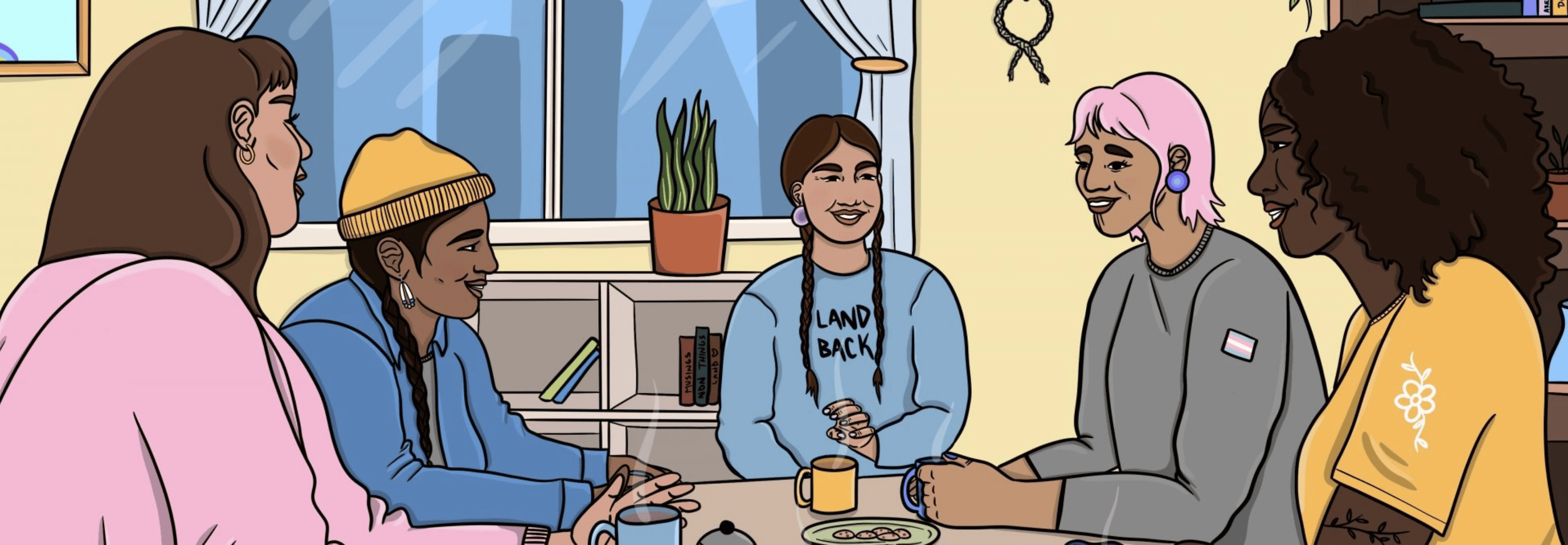 Illustration of four Indigenous youth sitting around a table eating food and drinking hot beverages