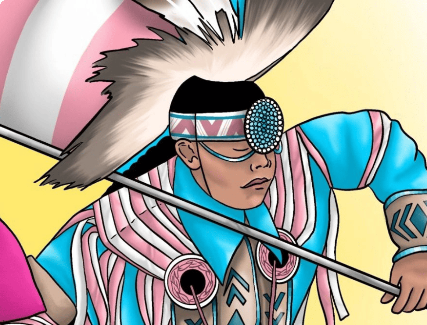 Illustration of two First Nations powwow dancers, one dancer holds the Trans flag