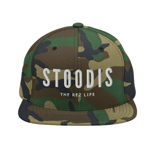 Camo snapback hat that reads "Stoodis | The Rez Life"
